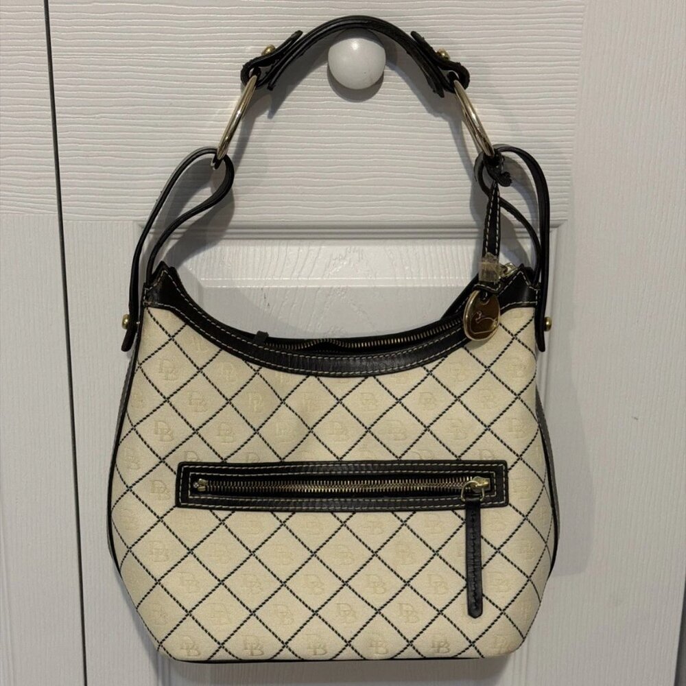 Dooney & Bourke Cream w/Black Canvas Leather Handle & Trim Monogram Hobo Handbag